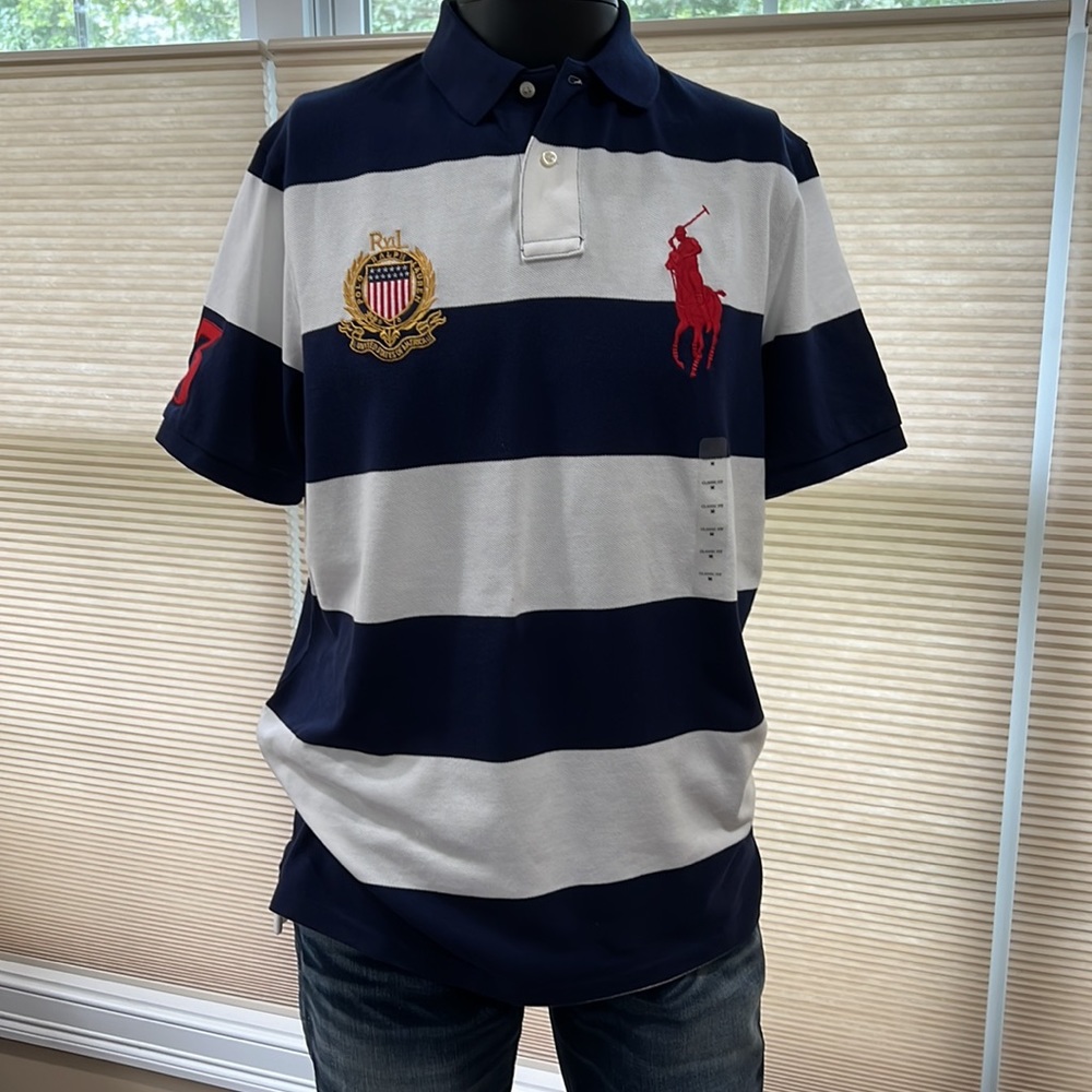 Polo Ralph Lauren Embroidered Crest Flag Big Pony Polo Shirt Blue White Striped